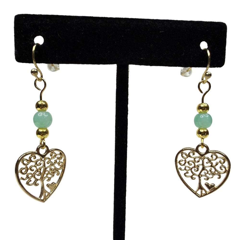 18K Gold Hook Tree of Life Heart Dangle Earrings with Green Beads Jewelry
